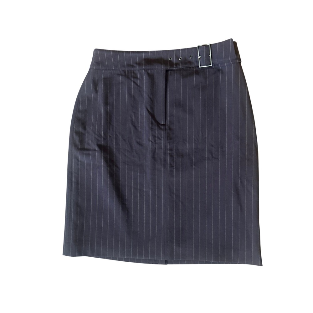 Apostrophe Stretch Pinstripe Pencil Skirt Navy Blue Buckle Waist Size 8P